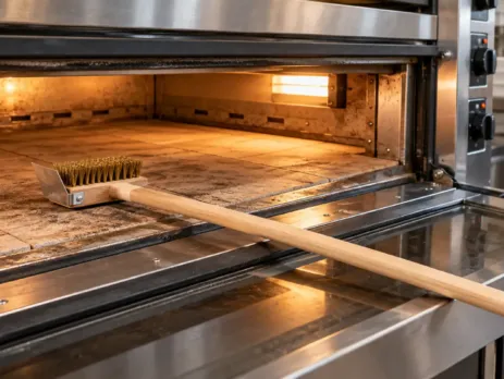 Curățarea vetrei unui cuptor profesional de pizza