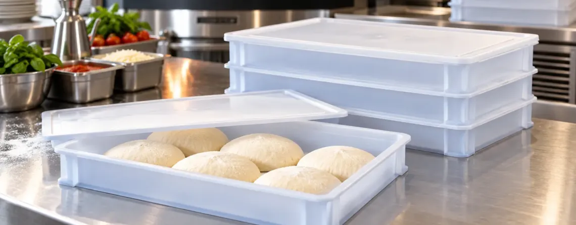 Cutii pentru aluat de pizza stivuite într-o zonă de preparare