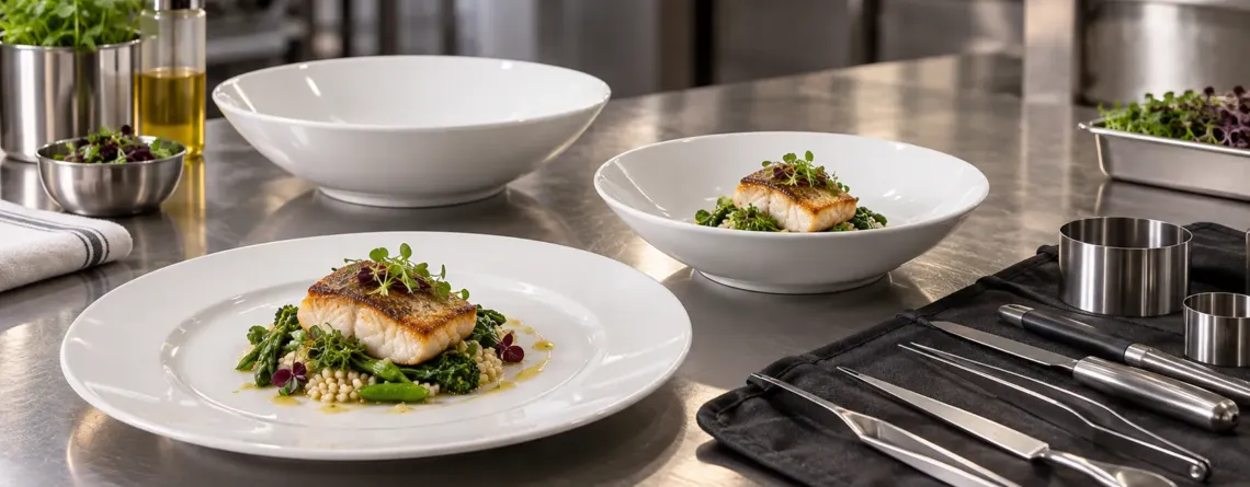 Farfurii HoReCa și ustensile de plating pe masă profesională