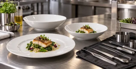 Farfurii HoReCa și ustensile de plating pe masă profesională