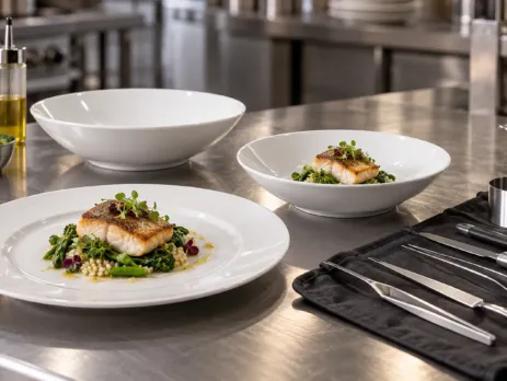 Farfurii HoReCa și ustensile de plating pe masă profesională