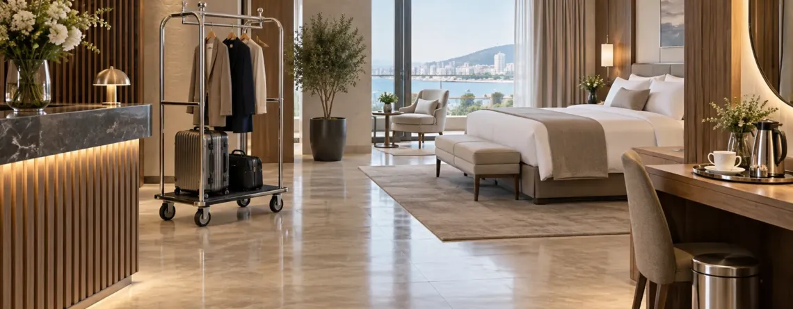 Recepție și cameră de hotel cu dotări pentru confortul oaspeților