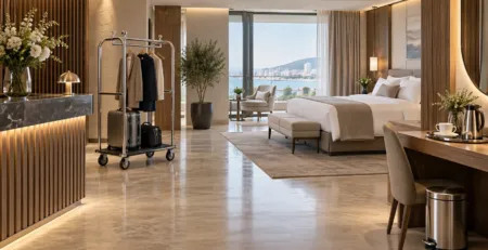 Recepție și cameră de hotel cu dotări pentru confortul oaspeților