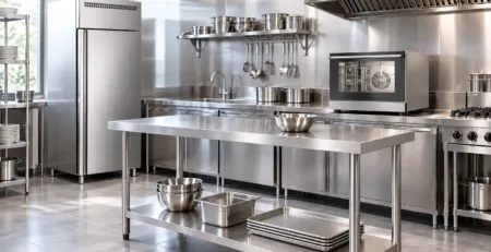 Bucătărie profesională cu frigider, cuptor și masă inox