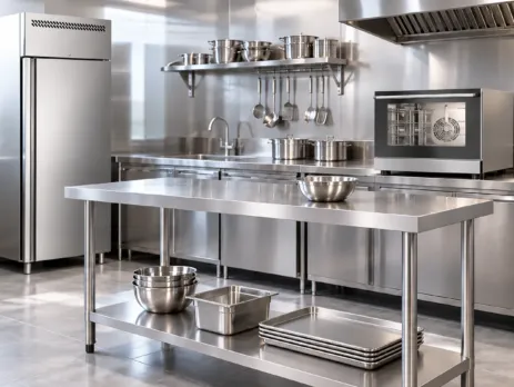 Bucătărie profesională cu frigider, cuptor și masă inox