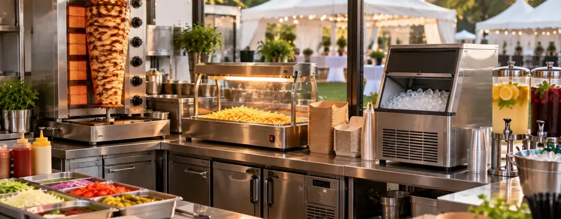Stație profesională de catering pregătită pentru un vârf de servire