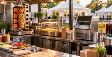 Stație profesională de catering pregătită pentru un vârf de servire