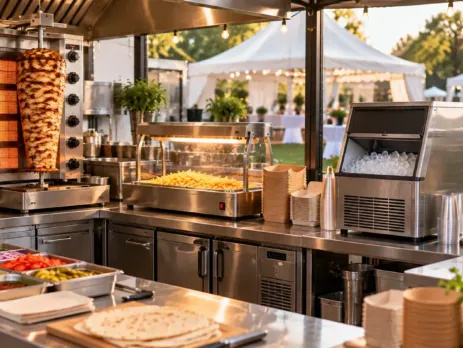 Stație profesională de catering pregătită pentru un vârf de servire