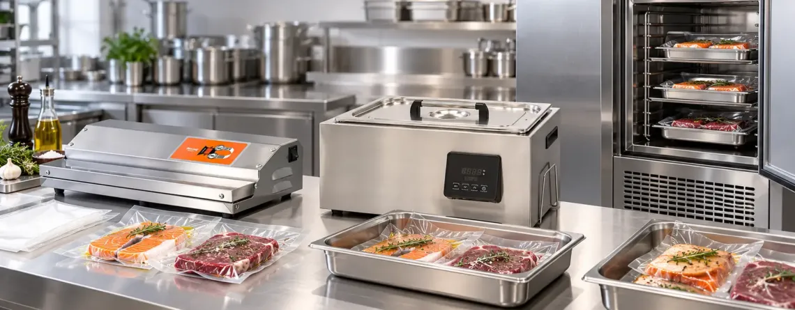 Abatitor pentru sous-vide într-un flux profesional de vidare, gătire și răcire