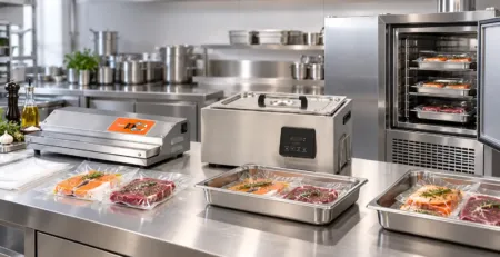 Abatitor pentru sous-vide într-un flux profesional de vidare, gătire și răcire