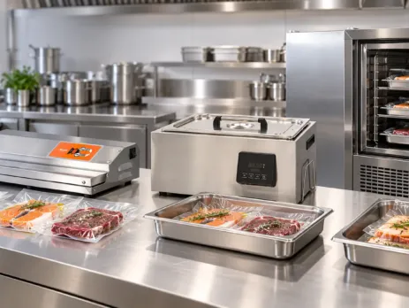 Abatitor pentru sous-vide într-un flux profesional de vidare, gătire și răcire