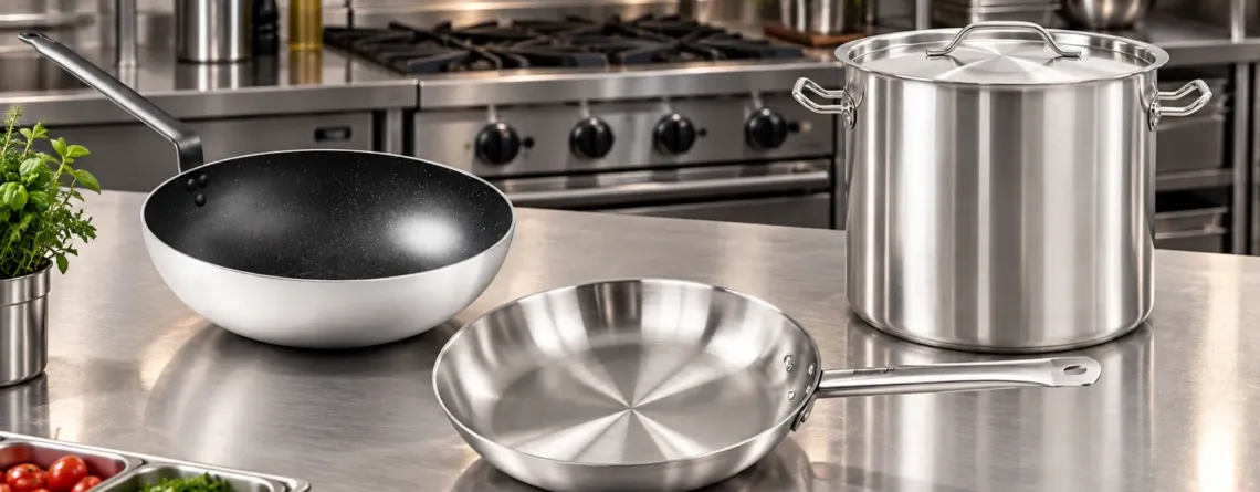 Tigaie wok, tigaie inox și oală profesională pe banc HoReCa