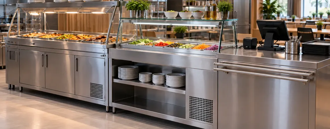 Linie self-service HoReCa cu module calde, reci și casă de marcat