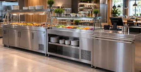 Linie self-service HoReCa cu module calde, reci și casă de marcat