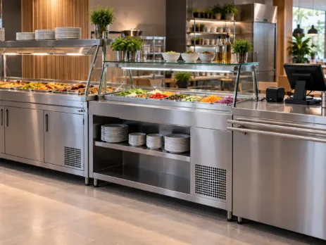 Linie self-service HoReCa cu module calde, reci și casă de marcat