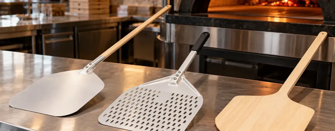 Palete pentru pizza din aluminiu și lemn lângă un cuptor profesional