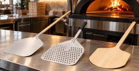 Palete pentru pizza din aluminiu și lemn lângă un cuptor profesional