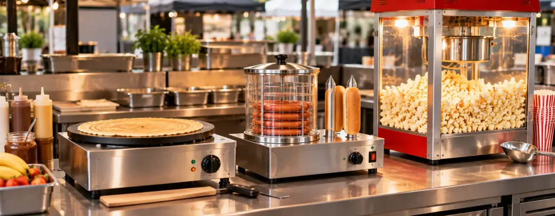 Stație compactă pentru clătite, hot-dog și popcorn la festival