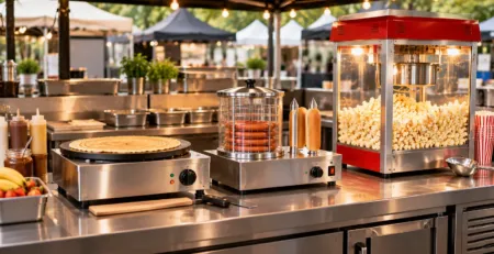 Stație compactă pentru clătite, hot-dog și popcorn la festival