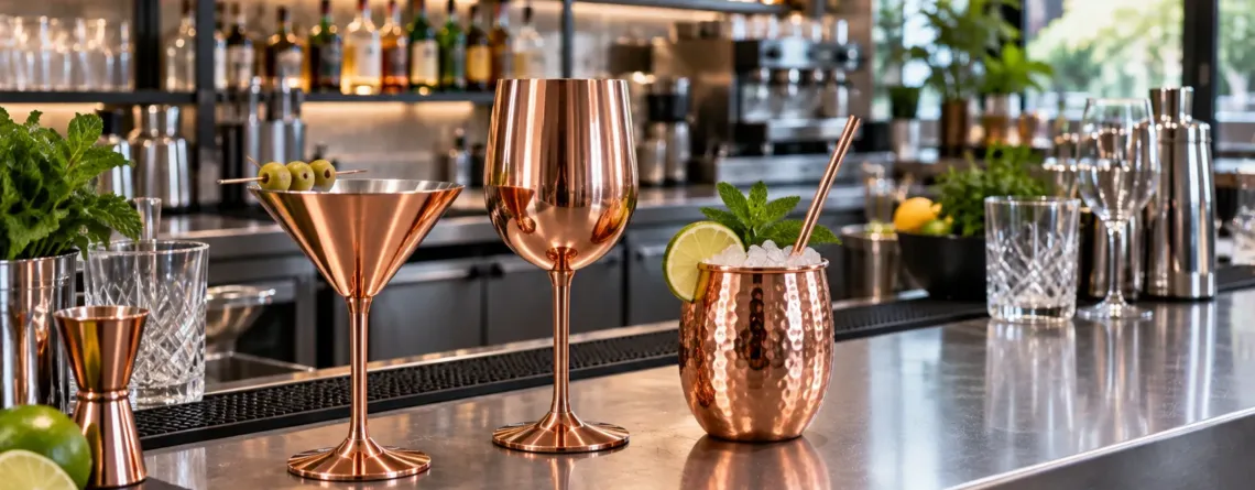 Pahare de cocktail și vin pe o stație de bar profesională