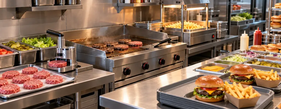 Flux de producție burger restaurant cu grill, montaj și servire