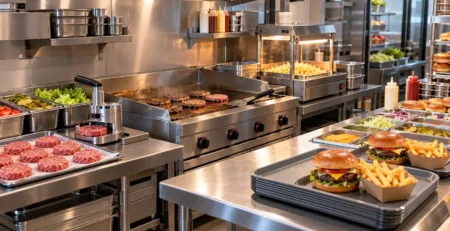 Flux de producție burger restaurant cu grill, montaj și servire