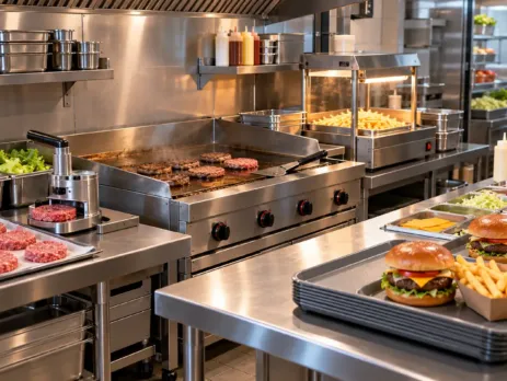 Flux de producție burger restaurant cu grill, montaj și servire