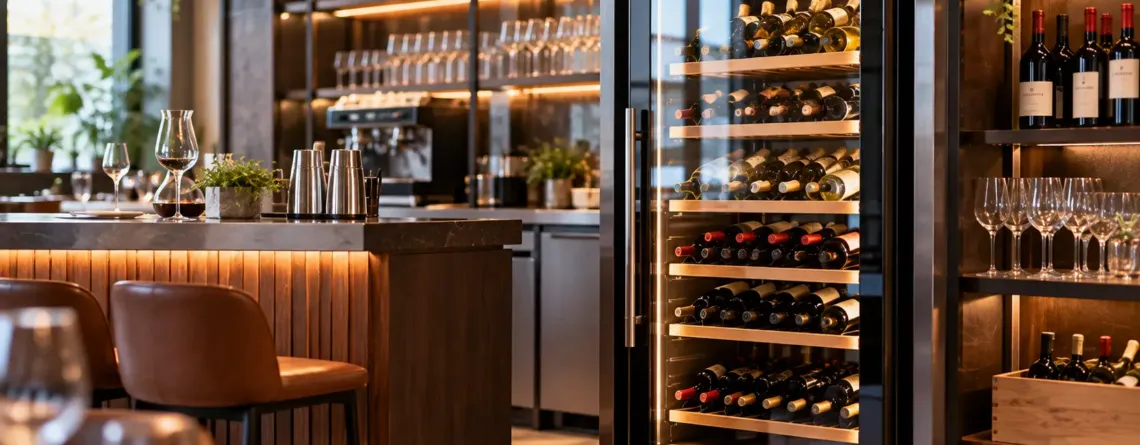Frigider de vin cu ușă vitrată într-un bar profesional