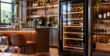 Frigider de vin cu ușă vitrată într-un bar profesional