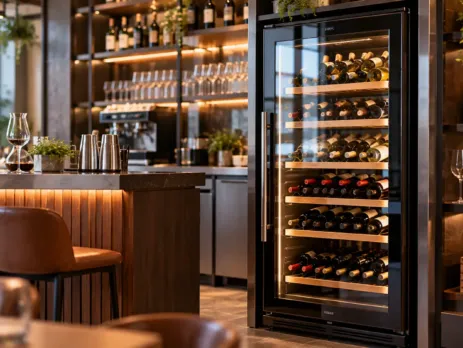 Frigider de vin cu ușă vitrată într-un bar profesional