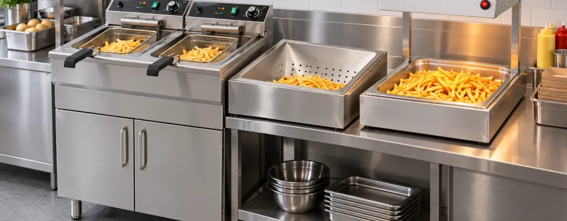 stație profesională pentru cartofi prăjiți cu friteuză și zonă de menținere