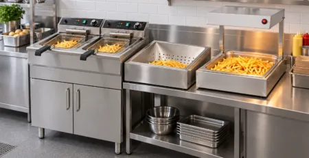 stație profesională pentru cartofi prăjiți cu friteuză și zonă de menținere