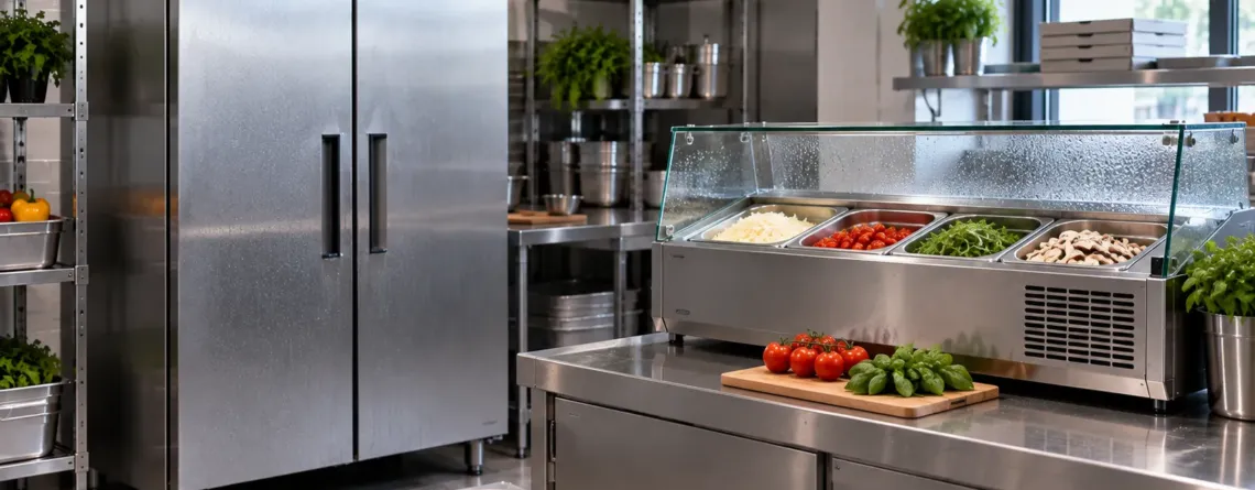 Frigider profesional și vitrină de ingrediente într-o bucătărie HoReCa