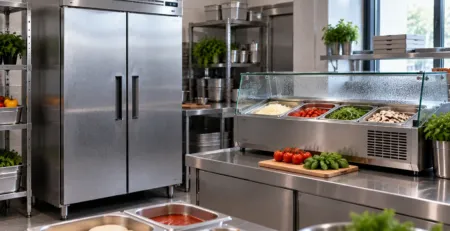 Frigider profesional și vitrină de ingrediente într-o bucătărie HoReCa