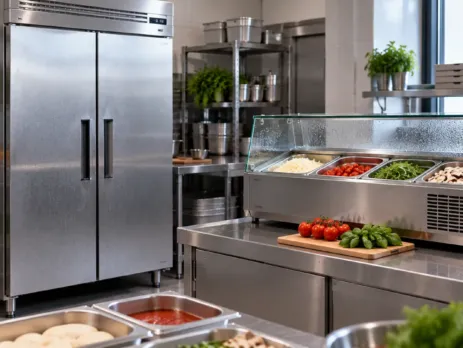 Frigider profesional și vitrină de ingrediente într-o bucătărie HoReCa