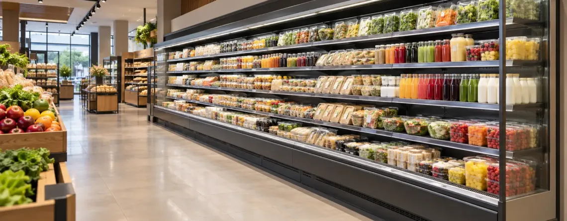 Vitrină frigorifică de perete într-un magazin alimentar