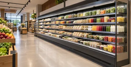 Vitrină frigorifică de perete într-un magazin alimentar