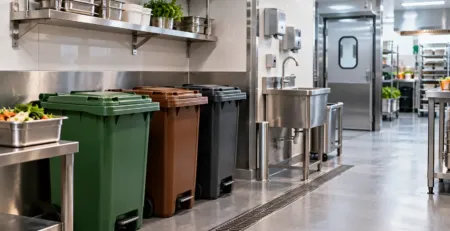 Zonă curată și organizată pentru deșeurile alimentare într-un restaurant