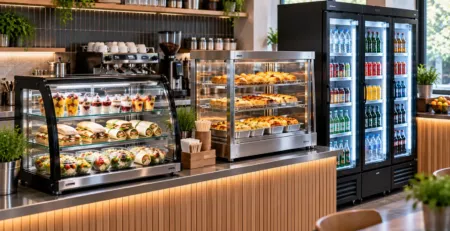 Zonă grab-and-go HoReCa cu vitrine pentru produse reci și calde