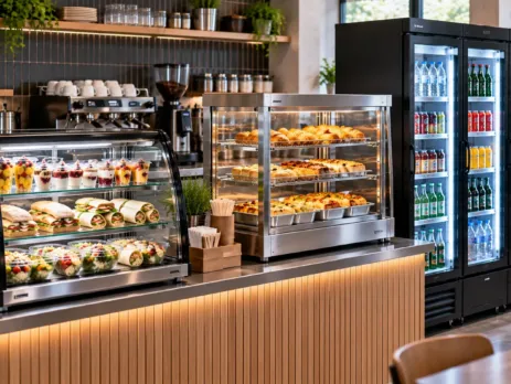 Zonă grab-and-go HoReCa cu vitrine pentru produse reci și calde