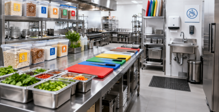 Bucătărie profesională organizată pentru cei 14 alergeni alimentari restaurant, cu recipiente separate, tocătoare colorate și zonă dedicată de igienă.