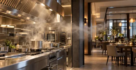 Hotă deasupra zonei de gătire și sala restaurantului în fundal