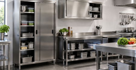 alegere dulap inox profesional: Dulap inox profesional într-o bucătărie HoReCa, cu variantă verticală și suspendată integrate ergonomic lângă zona de lucru