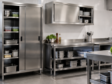 alegere dulap inox profesional: Dulap inox profesional într-o bucătărie HoReCa, cu variantă verticală și suspendată integrate ergonomic lângă zona de lucru