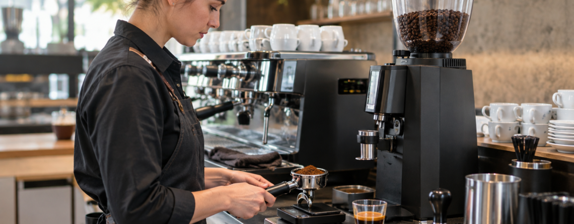 calibrare râșniță espresso la începutul turei, cu portafiltru, cântar și shot de test pe stația de bar