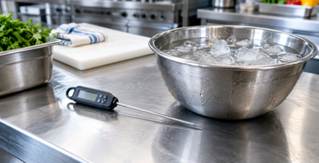 calibrare termometru alimentar prin verificare cu apă și gheață într-o bucătărie profesională, cu termometru cu sondă pe blat de inox