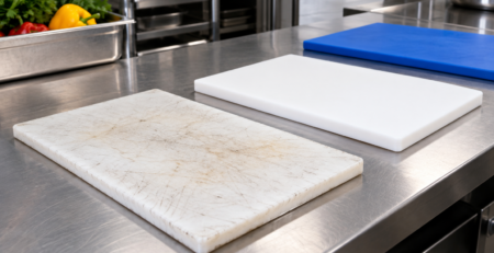 Tocătoare profesionale HACCP din polietilenă pe blat inox, unul nou și unul uzat, ilustrând când se înlocuiește tocătorul profesional într-o bucătărie HoReCa.