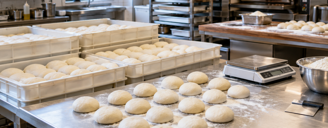 cantitate aluat pizza calculată pentru producția zilnică într-o pizzerie profesională, cu bile de aluat porționate pe masa de lucru.