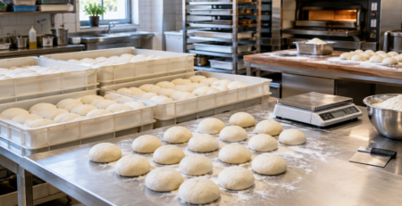 cantitate aluat pizza calculată pentru producția zilnică într-o pizzerie profesională, cu bile de aluat porționate pe masa de lucru.