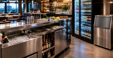 capacitate bar profesional cu stație de lucru, gheață și refrigerare organizate